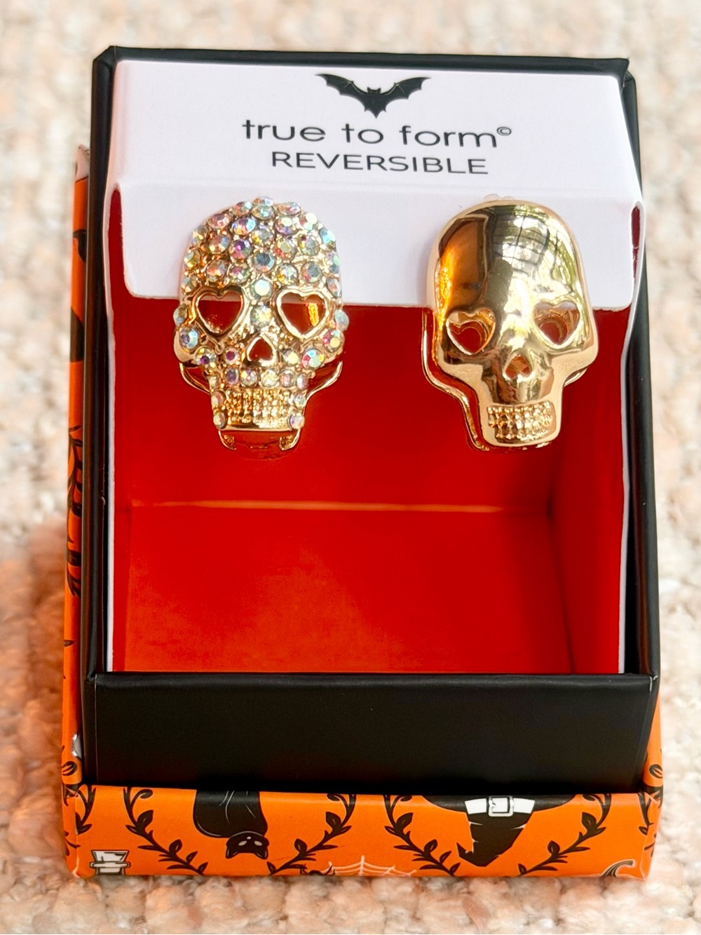 True To Form Reversible Skull Earrings Hinged Gold Tone Rhinestone Halloween New